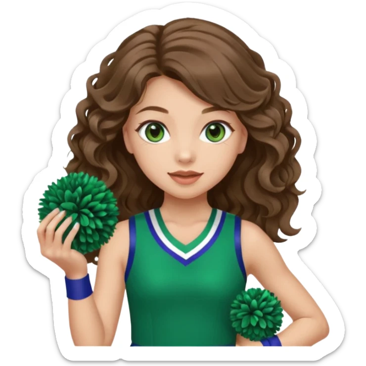 A pretty girl, her eyes is blue, her hair is brown long wavy hair, and wear green Hawkins cheerleader no sleeve uniform and hold pompom sticker