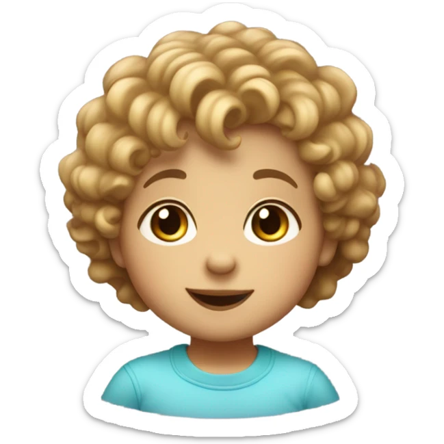 Generate a cheerful toddler Memoji with short curly/wavy hair, big sparkling eyes, and an innocent smile. The toddler should look playful, with a cute round face and small nose. sticker