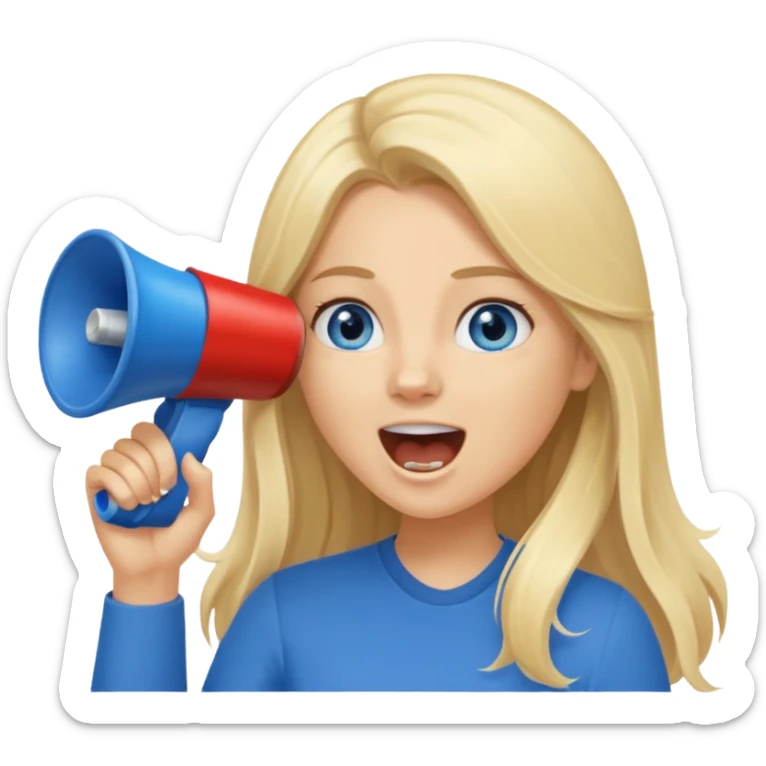  blue eyes blonde girl yelling into megaphone smiling long hair sticker