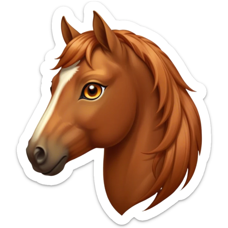 Cinematic Elegant Chestnut Horse Portrait Emoji, Head held high with a serene, graceful gaze, showcasing a magnificent chestnut fur with a radiant shimmer, flowing mane and tail, and luminous amber eyes that exude beauty and grace, Simplified yet majestically refined features, highly detailed, glowing with a soft, ethereal light, high shine, poised and breathtaking, stylized with an air of pure elegance, capturing the essence of a stunning and graceful steed, so beautiful it feels like it could gallop out of the screen with effortless charm! sticker