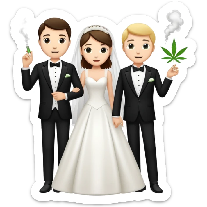 A bride in white wedding dress and groom in tuxedo, full body, smoking cannabis together sticker