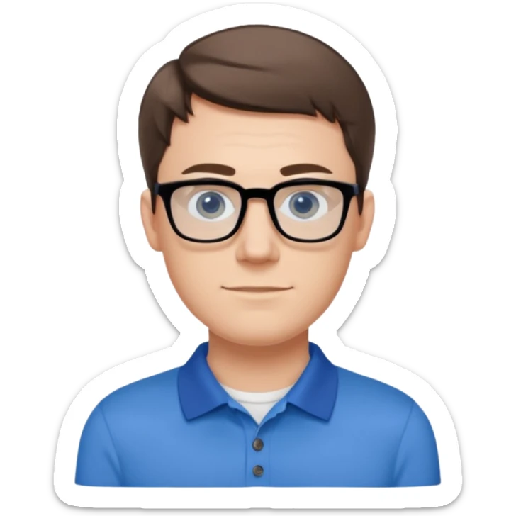 Scott The WozYoung white man, late 20s, short brown hair, blue eyes, clean-shaven, thin black rectangular glasses, slim build, wearing a blue polo shirt, friendly and energetic look. sticker