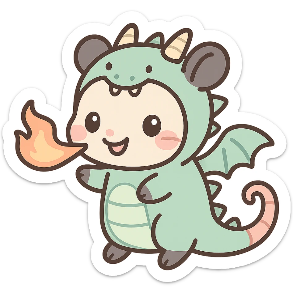 cute cartoon possum breathing fire, dressed as a dragon with wings, kawaii style sticker