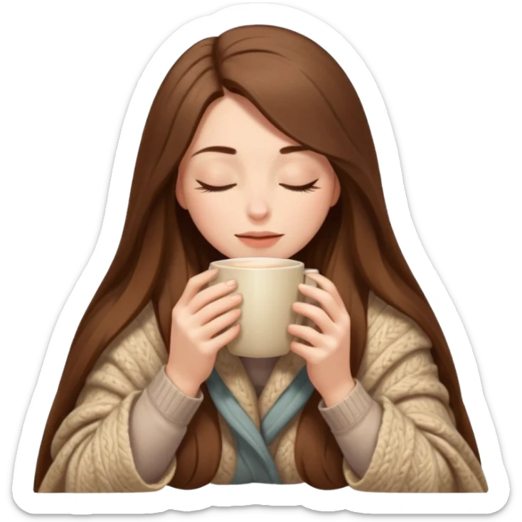 long brown hair woman closed eyes hiding under a cozy wool beige blanket, holding cup of coffee, autumn mood sticker
