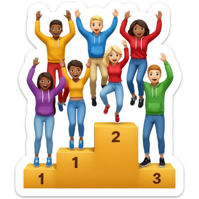 multi-racial people in colorful jeans t-shirts and hoodies on a winners’ podium with middle step higher, no numbers, one person jumping, excited fun expressive emoji style sticker