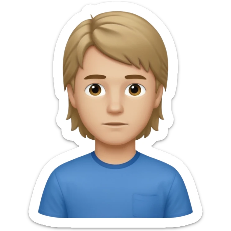 boy with dark blonde hair in a mullet with a neat blue shirt (blouse) sticker