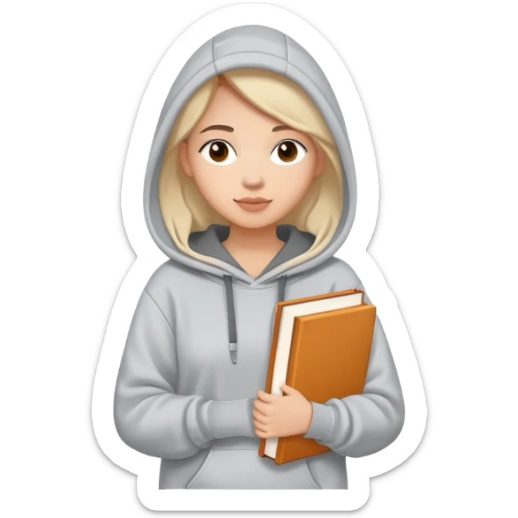 A flat-style illustration of a woman college student with a tote bag over her shoulder and a book in one hand. The student wears a hoodie. Clean cartoon style, white background, iOS emoji aesthetic. sticker