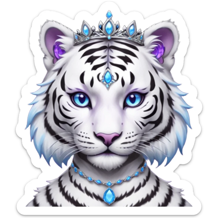 ESO Female white/black tiger khajiit leader of the umbral rose, glowing blue eyes, glowing blue 'third eye' gem; purple gemmed silver tiara sticker