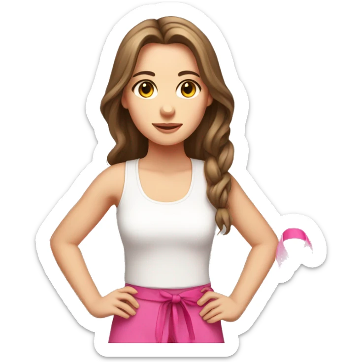 white Girl, white tank top, straight brown hair with pink ribbon sticker