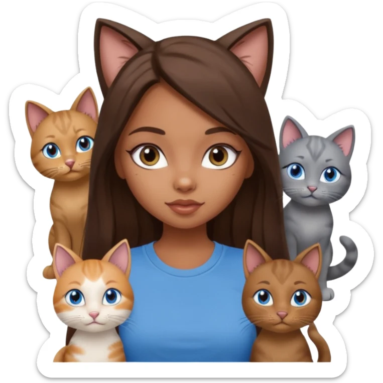 a pretty bratz dusky girl with long brown hair, blue eyes with six cats nd wearing a grey tshirt sticker