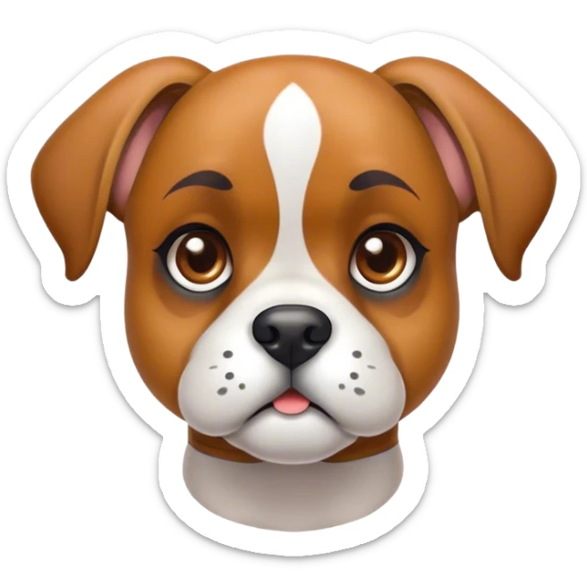 Cinematic Cute Fawn Boxer dog Portrait Emoji, Head tilted playfully and inquisitively, with a glossy fawn Fur highlighted by a white muzzle and chest, round, sparkling brown eyes filled with curiosity, Simplified yet irresistibly adorable features, highly detailed, glowing with a warm, friendly glow, high shine, affectionate and lively, stylized with a touch of whimsy, bright and endearing, soft glowing outline, capturing the essence of a mischievous yet loving pup, so playful it feels like it could bound out of the screen and into your arms! sticker
