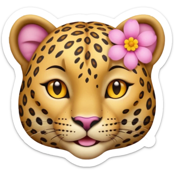 A cutE leopard face with eyes closed and a peaceful smile. A pink flower with a yellow center is tucked behind its right ear, adding a charming and gentle touch.  sticker