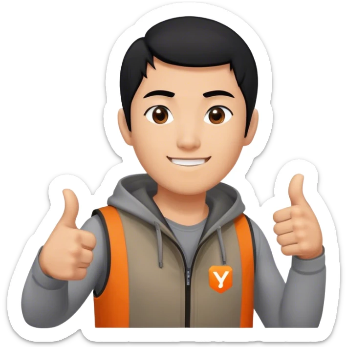 Black hair asian man giving a thumbs up. Wearing a grey shirt unhooded vest that has a very small logo on it, which shows a square in solid orange color and a simple white capitalized "Y" inside of it. sticker