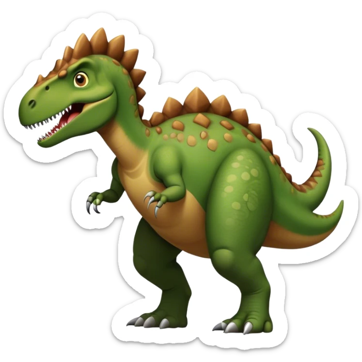 A large, herbivorous dinosaur with a sturdy, muscular build and a beaked mouth. Its skin is green and brown. It has a distinctive thumb spike on each hand, strong hind legs for walking, and a long, balanced tail sticker