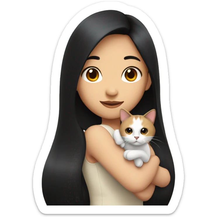 A long black hair Asian girl holding a calico cat sticker