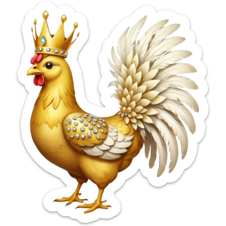 chicken King – proud golden chicken wearing a tall jeweled crown, standing sticker