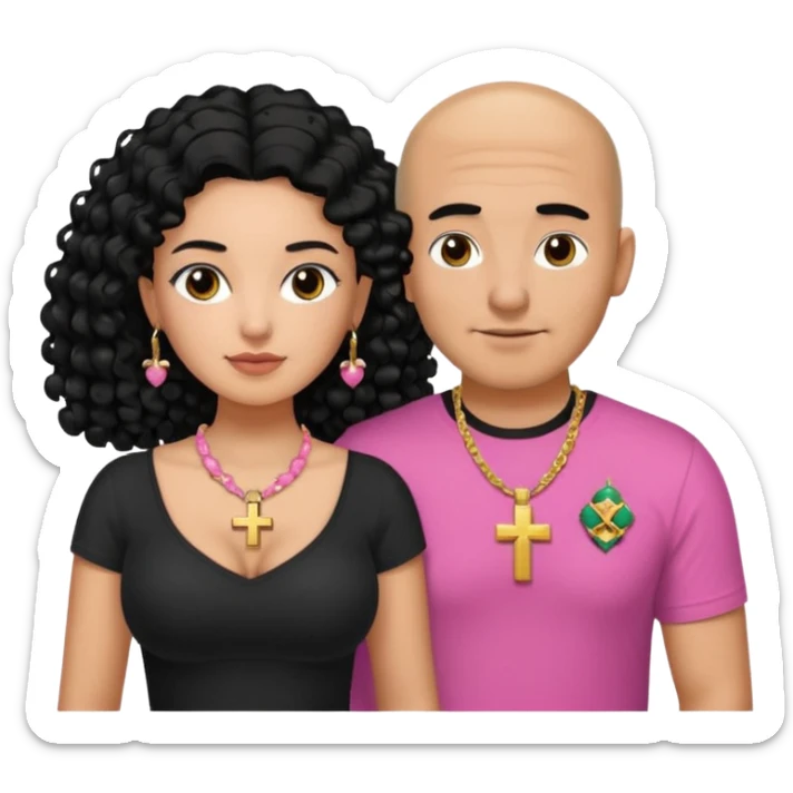 A picture if a couple. the man is a Mexican man with tanned skin, black hair, a bald hair cut, short boxed beard, and wearing a black shirt. the woman is mixed with black and white, with curly long hair, a gold cross necklace, wearing a pink shirt and with big boobs sticker
