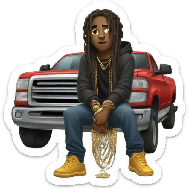 young hustler with dreads PUSHING TRUCK with both hands wearing a hoodie  with gold jewelry chains on sticker
