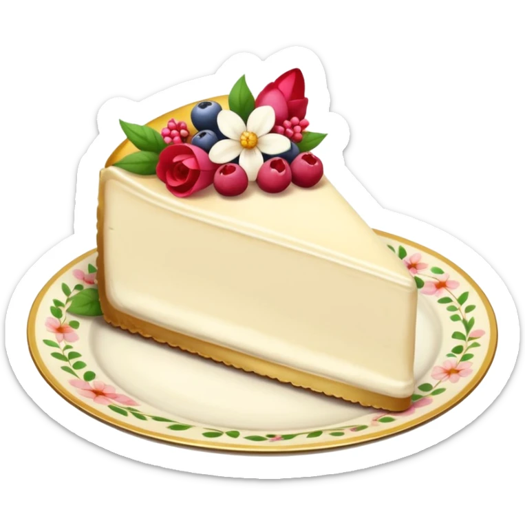 Piece of cream cheesecake on a floral white and golden plate sticker