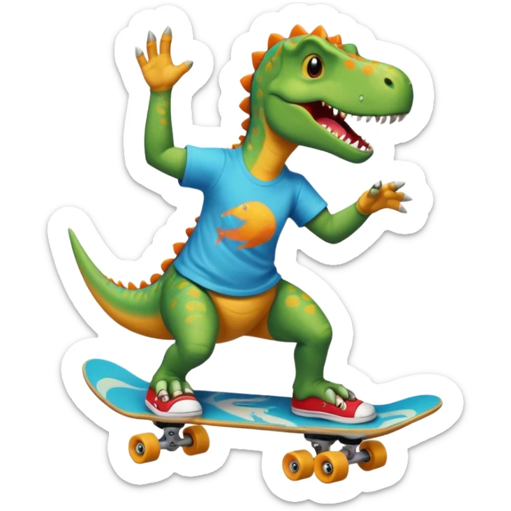 Dinosaur skateboarding at the skate park wearing a t-shirt and doing six seven and dancing sticker