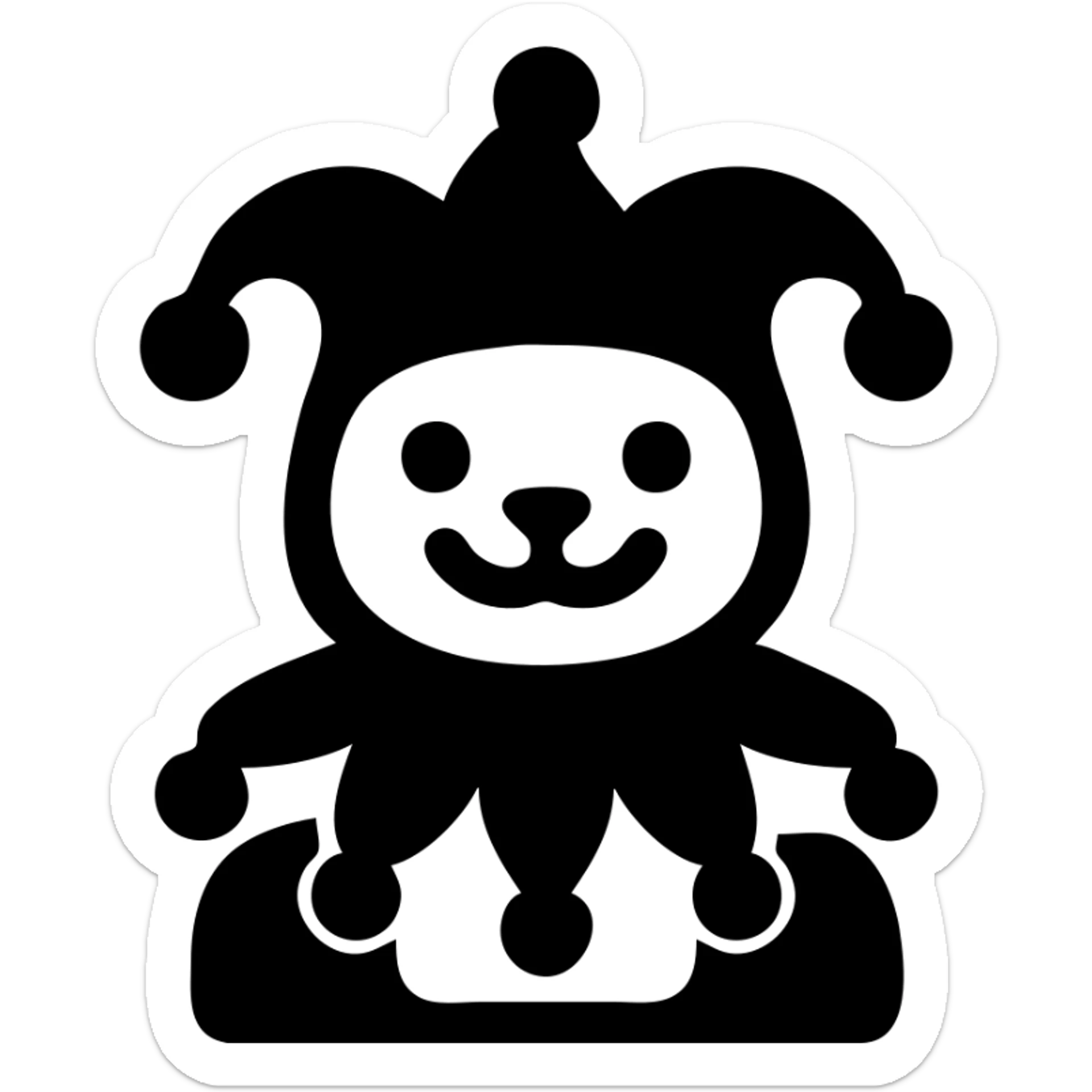 crazy cute little cat jolly joker from poker, medieval, vintage, court jester, mac os icon, purple, gold and red color, head + torso. Squared shape as 3D mac os icon, symmetrical sticker