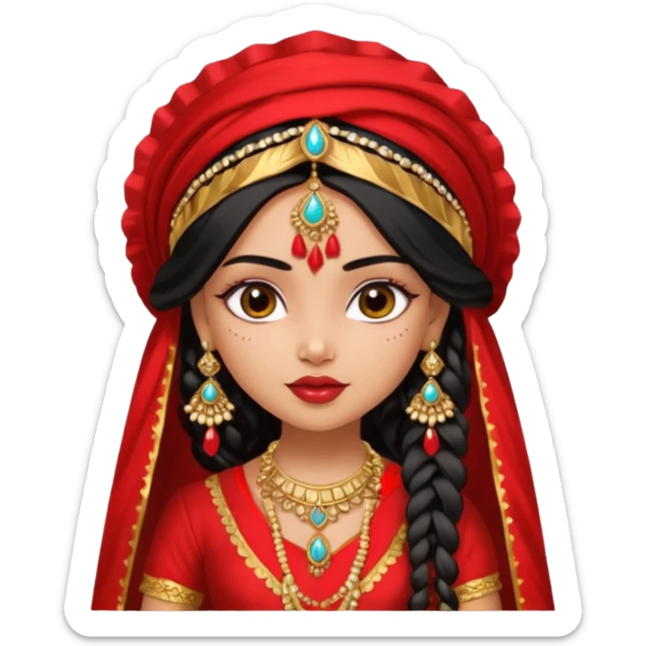 a pretty bratz fair indian girl wearing a red indian wedding outfit with dupatta on head,  golden jewellery, black wavy hair sticker