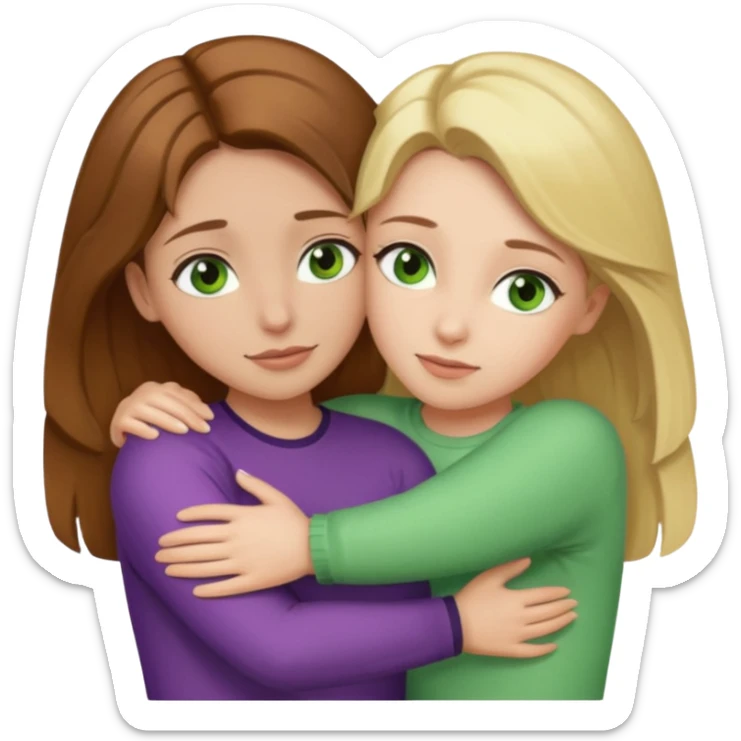 Maman : cheveux marrons, yeux marrons peau blanche fille cheveux blond yeux verts peau blanche qui se font un câlin  sticker