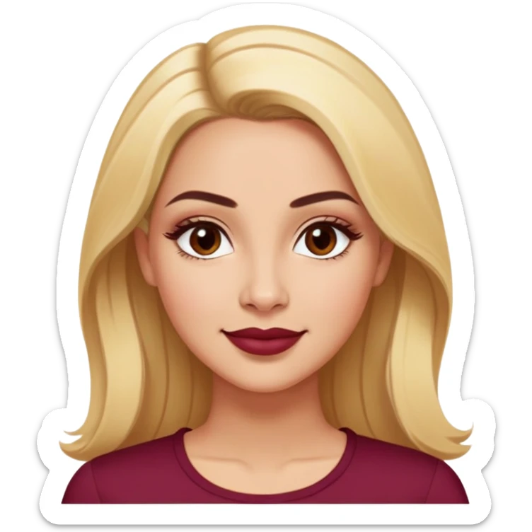 Puerto Rican actress Linette Torres with warm light skin, attractive elegant features, expressive eyes, well-defined eyebrows, straight nose, friendly smile, long blonde hair, wearing a fashionable burgundy top sticker