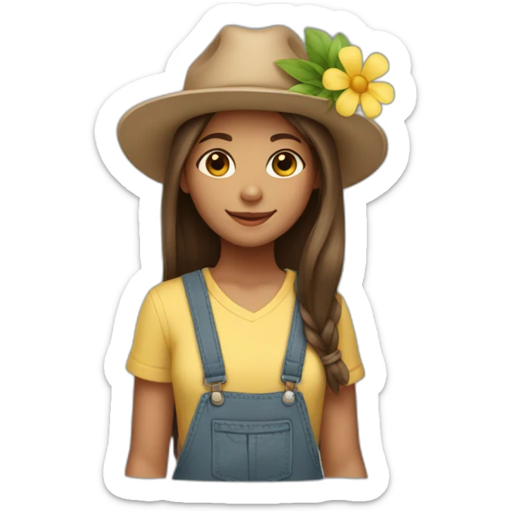Girl with a flower in her hand, with a hat, brown straight hair sticker