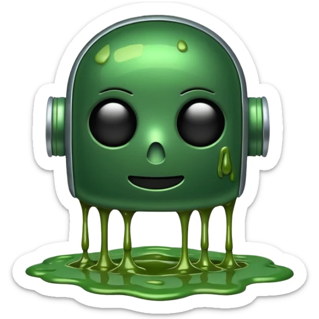 An emoji of a green robot melting away covered in thick green sludge sticker