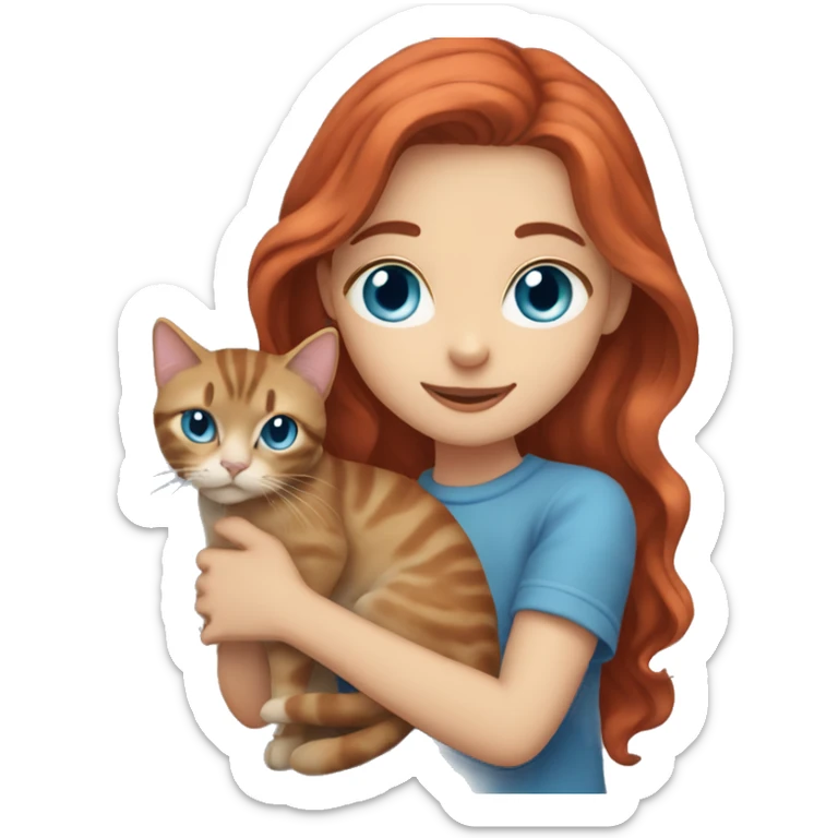 girl with red long wavy hair and blue eyes holding a grey tabby cat sticker