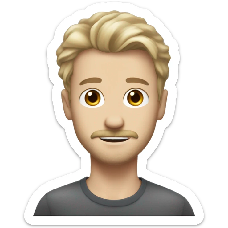 young white man with dirty blond hair light beard with mustache little piece of hair that bends over middle part, British expressions, spooky expressive grey eyes sticker