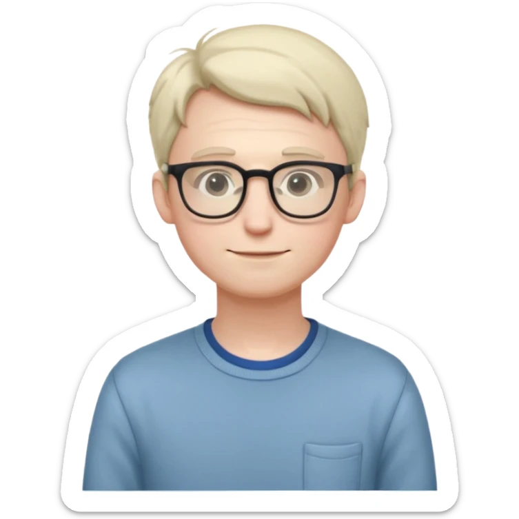 Timid adult male, pale skin, slim, soft features, glasses, slightly hunched posture, shy smile, casual nerdy clothes, small subtle blush, readable at small size, distinct from all other roles sticker