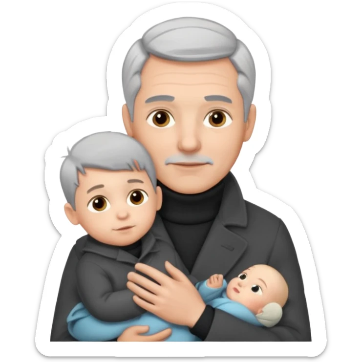 A father with silver-grey hair styled neatly and a clean-shaven face, wearing a dark turtleneck and wool coat, holding his baby sticker