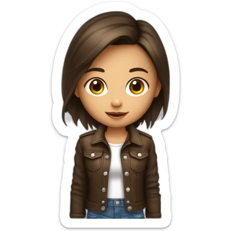 Petite fille brune aux yeux marrons, qui porte un jean un t-shirt rock et un blouson en cuir sticker