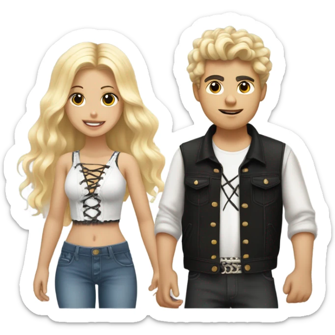 A black hair boy with a redneck cloths with a blonde girl wearing a Shakira lace up croc top  sticker