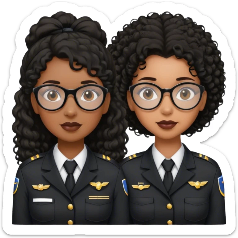 femme pilote d'avion en uniforme noir aux cheveux bouclés noir et petites lunettes arrondis identique avec des cheveux très long et la peau noir mais légèrement plus claire avec les cheveux attachés. 1 seule personne, cheveux moins épais  sticker