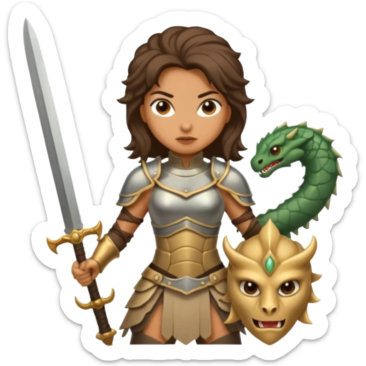 Fierce Latina in armor with a sword after a battle cutting off the head of a hydra sticker