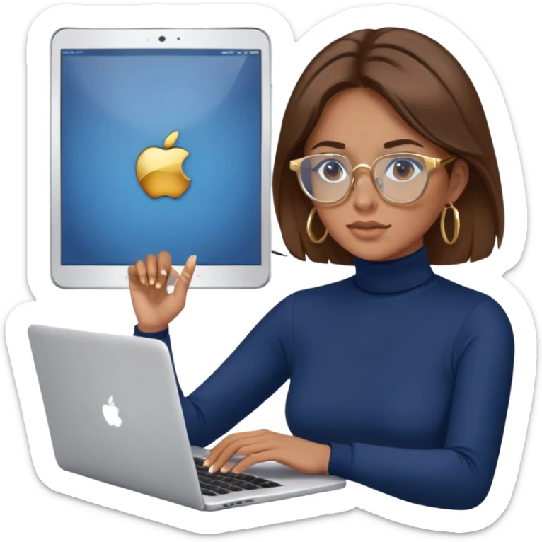 Woman with brown hair wearing navy blue turtleneck, gold hoops and blue screen glasses typing on laptop sticker