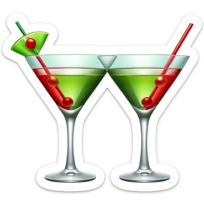 two realistic glasses of cocktail in emoji style, one is red color and one is green, martini glass shape, no straw, no fruit, no ice, no Cocktail sticks sticker