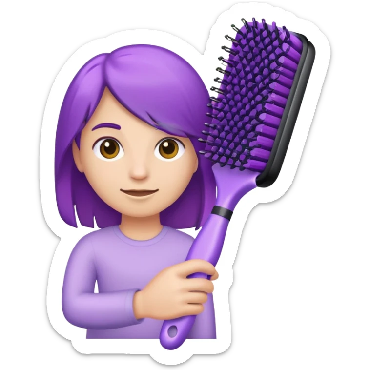purple hand holding a purple hair brush, Apple iOS style emoji sticker