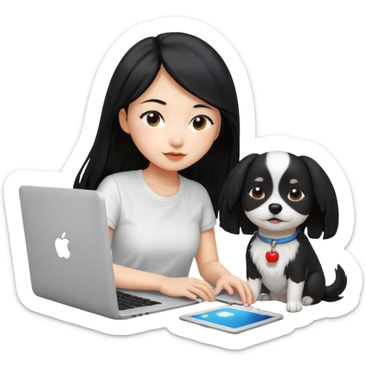 Blue back ground, Asian girl with long black hair , wearing a white shirt, working on an Apple laptop, next to her is a small black and white dog sticker