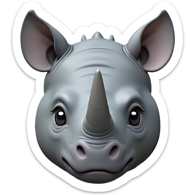 cinematic-noble-cute-rhinoceros-portrait-emoji,slate-grey-hide-poised-and-regal,-with-a-massive,-powerful-build-and-a-thick,--deep-set-soulful-piercing-eyes,-simplified-yet-sharp-and-sophisticated-features,-highly-detailed,-large-black-eyes, white horn, front facing sticker