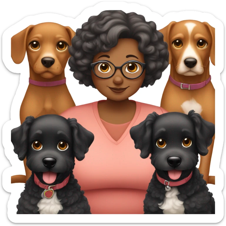 50 year old chubby woman with 03 dogs being a black poodle, a big ear caramel and a baby shorthair caramel sticker