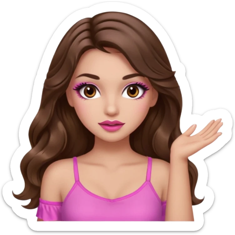 girl with long wavy brown hair, brown eyes, long lashes makeup, sexy pink lips, light to medium complexion, pink sexy top,slapping sticker