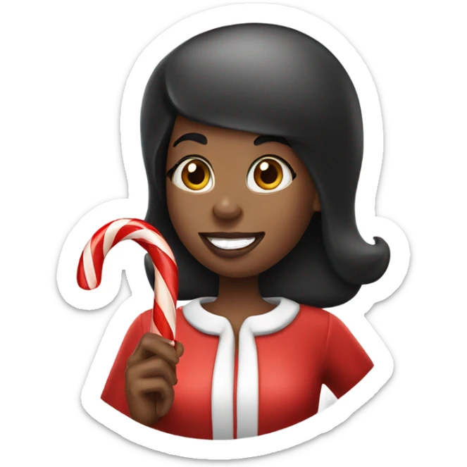 Black woman with short black hair and a Santa hat on eating a candy cane sticker