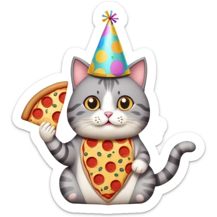 cat with a party hat, confetti around, holding a slice of pizza, college party vibe sticker