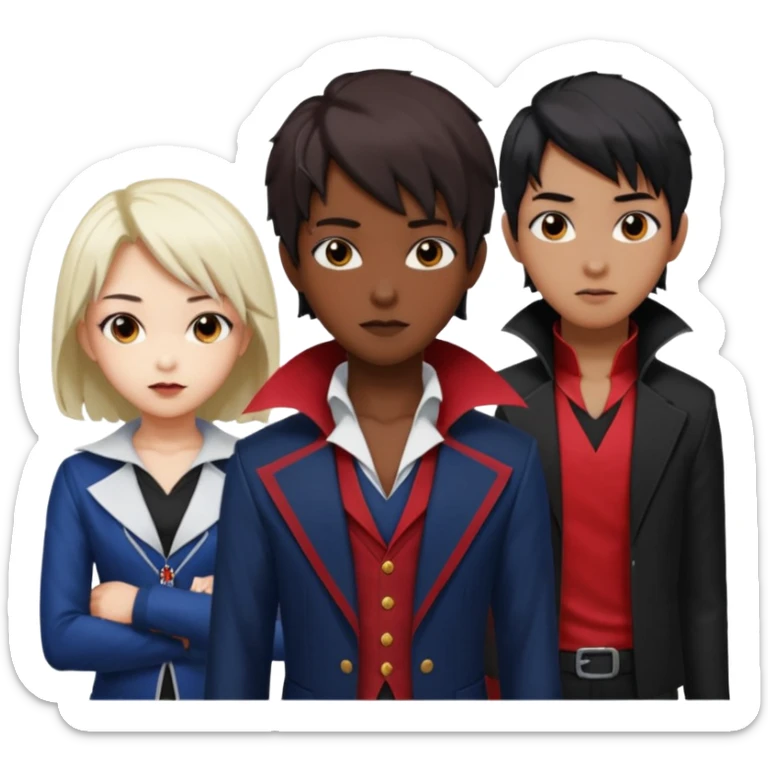 Solo poly platonic relationship, one is south African girl, one is Asian boy, one is biracial features Asian tomboy girl with anime short hair with long hair, vampire and marvel cosplay elements inspired. sticker