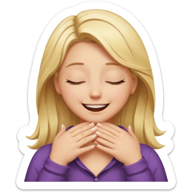 Happy blonde girl with eyes closed and mouth smiling and hands cupped around her neck - her eyes are squinty with excitment sticker