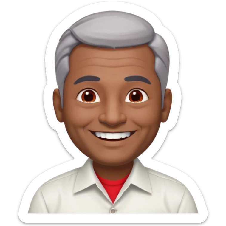 50 yr old indian man, dark skin, grey hair, big smile, white teeth, chubby, no moustache, clean shaven, young style hair, hair brushed back, 5 oclock shadow, bindy on forehead, dress shirt, red dot sticker